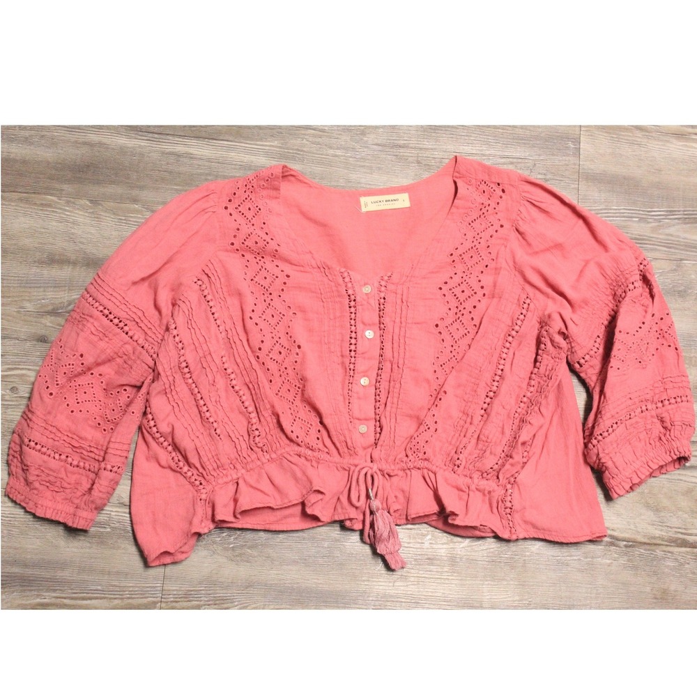Lucky Brand Shirt Women's S Coral Pink Eyelet Embroidered Boho Blouse